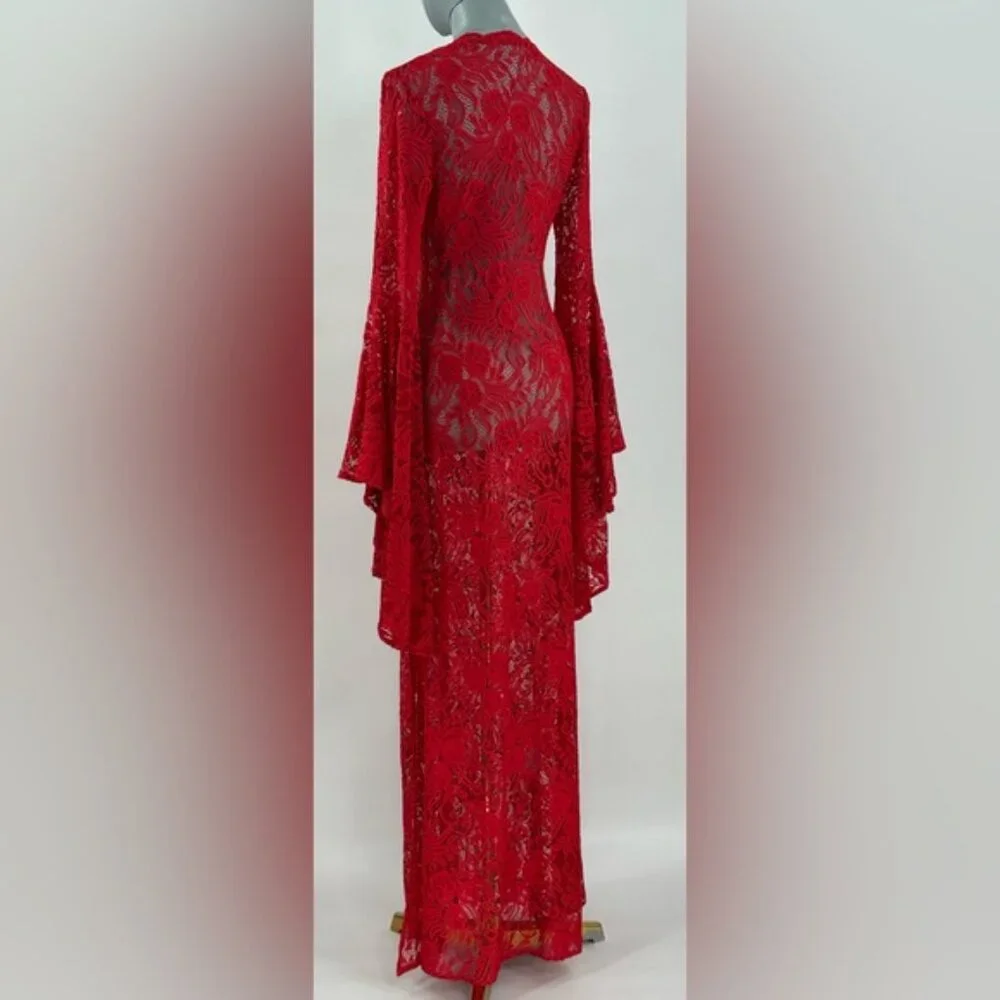 🆕 ALEXANDRA MIRO 🧿 NWOT Kara Long Boylen Sleeve Kaftan, Red Lace - Sz XS - Picture 8 of 14